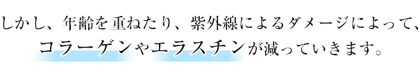 しかし、年齢を重ねたり、紫外線によるダメージによって、コラーゲンやエラスチンが減っていきます。