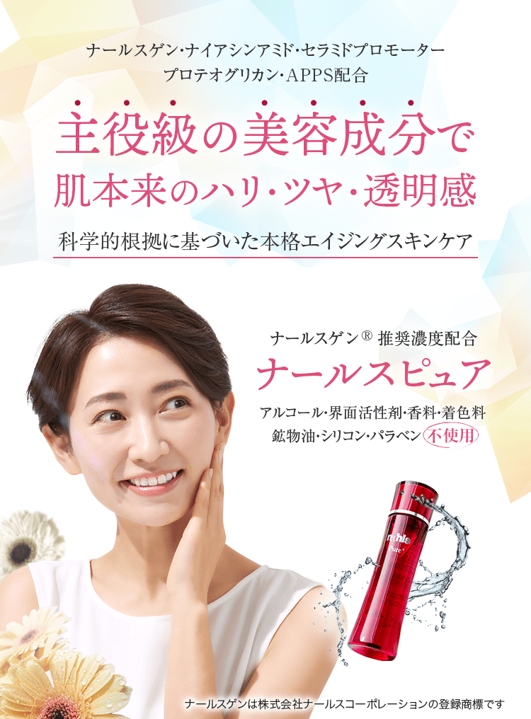 本気のエイジングケア※1化粧水「与える」から「高める」ケアへ。エビデンス（科学的根拠）に基づいた“Scientific Cosmeticsナールスゲン®推奨※2濃度配合ナールスゲンは株式会社ナールスコーポレーションの登録商標です。※1 年齢に応じたケア　※2 原料メーカー推奨