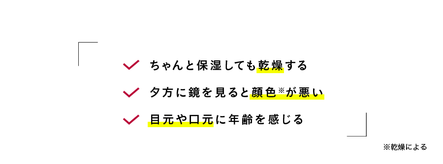 ちゃんと保湿しても乾燥する　夕方に鏡を見ると顔色※が悪い　目元や口元に年齢を感じる　※乾燥による