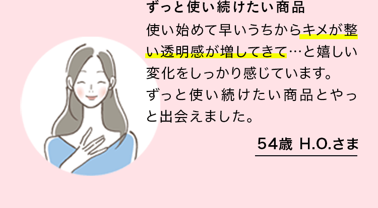 ずっと使い続けたい商品　使い始めて早いうちからキメが整い透明感が増してきて…と嬉しい変化をしっかり感じています。ずっと使い続けたい商品にやっと出会えました。