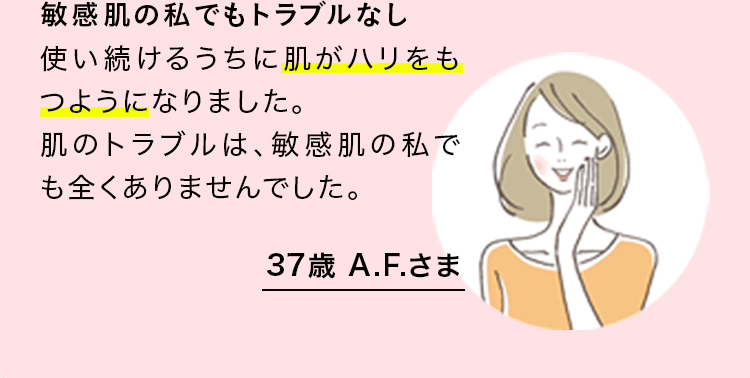 敏感肌の私でもトラブルなし　使い続けるうちに肌がハリをもつようになりました。肌のトラブルは、敏感肌の私でもまったくありませんでした。