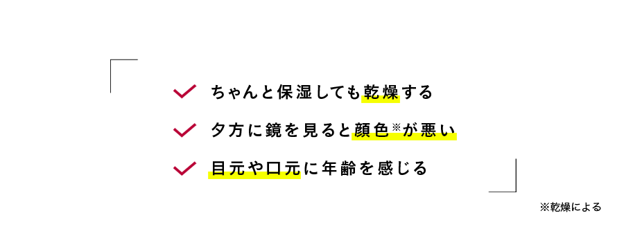 ちゃんと保湿しても乾燥する　夕方に鏡を見ると顔色※が悪い　目元や口元に年齢を感じる　※乾燥による