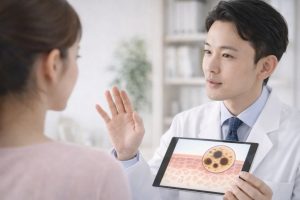 美白化粧品の説明をする医師