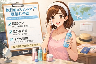 旅行前のスキンケアで肌荒れを防ぐ女性
