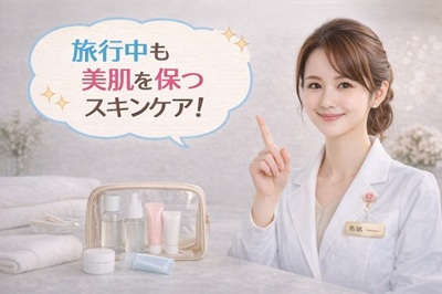 旅行中のスキンケアを説明するコスメコンシェルジュ