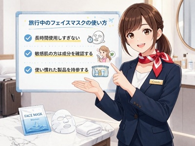 旅行中のフェイスマスクの使い方を説明するコスメコンシェルジュ