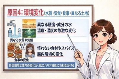 肌荒れの原因4環境変化（水質・気候・食事）