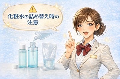 化粧水を旅行用ボトルに詰め替えるときの注意を説明するコスメコンシェルジュ