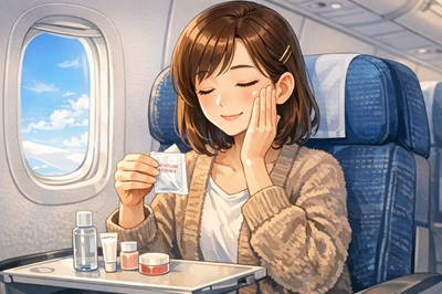 ミニサイズやパウチの化粧品を機内で使う女性
