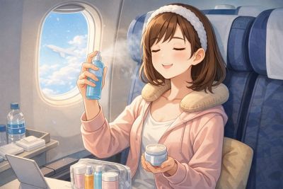 機内でのスキンケアをする女性