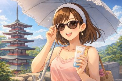 観光中に紫外線対策をする女性