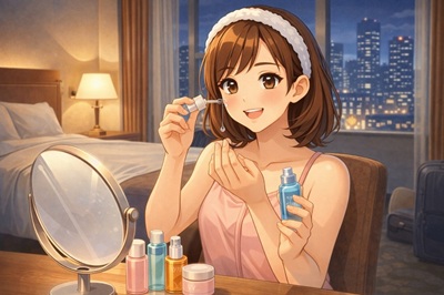 ホテルでスキンケアする女性