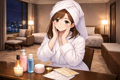 ホテルでチェックイン後にすぐ保湿する女性