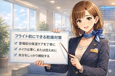 フライト前の乾燥対策を説明するコスメコンシェルジュ