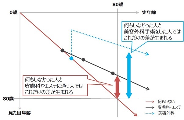 美容医療による見た目年齢と実年齢のグラフ