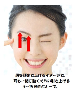 眉上げエクササイズで目の下のたるみを改善する女性