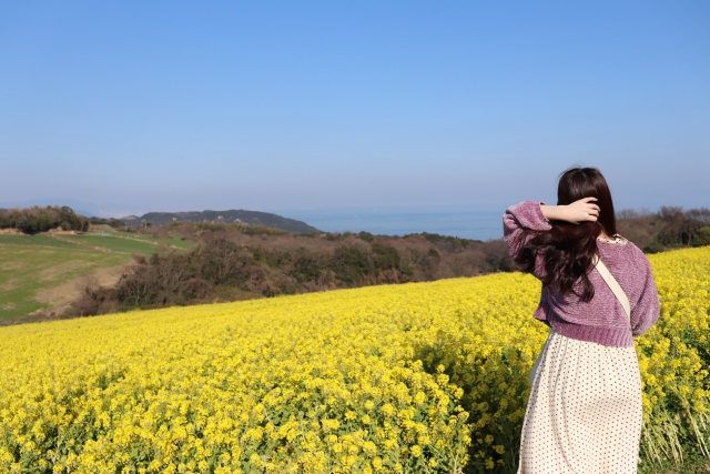 乾燥する3月の春の季節に佇む女性