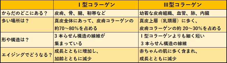 Ⅰ型コラーゲンとⅢ型コラーゲンを比較した表