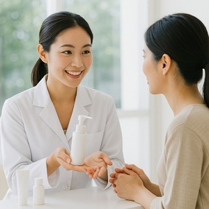化粧品の使い方を説明するナールススタッフのイメージ