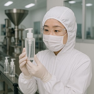 化粧品の検査をする女性