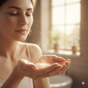 手のひらで化粧水を温める様子