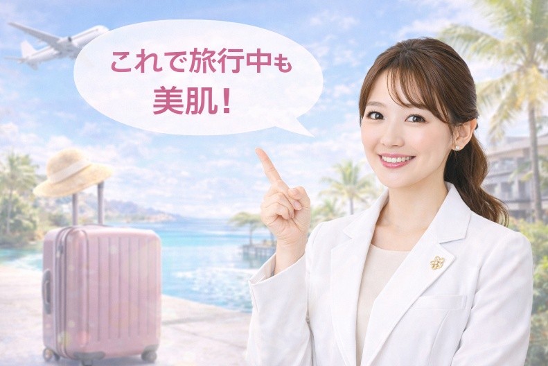 旅行のスキンケアのコツを説明するコスメコンシェルジュ