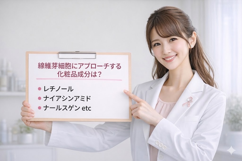 線維芽細胞にアプローチする化粧品成分を説明する美容皮膚科医