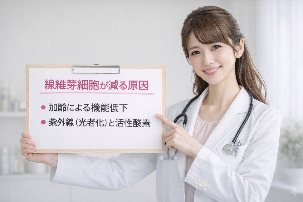 線維芽細胞が減る原因を説明する美容皮膚科医