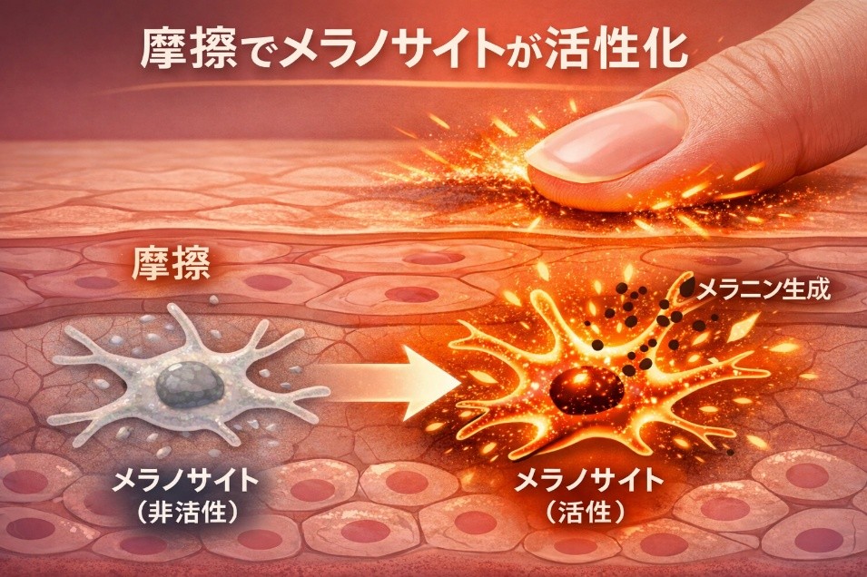 摩擦でメラノサイトが活性化するイメージ