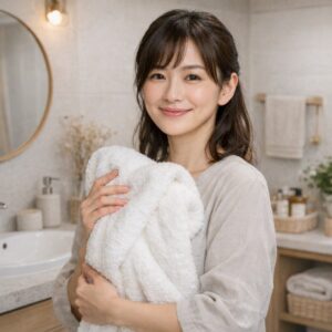 タオルを抱える女性