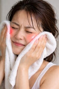 摩擦の強いタオルドライをする女性