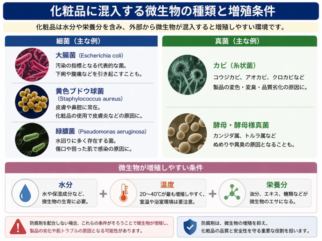 化粧品に混入する可能性がある微生物の種類と増殖条件