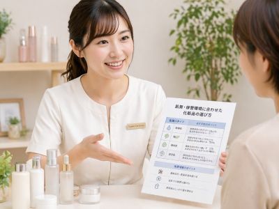肌質・保管環境に合わせた化粧品の選び方を説明するコスメコンシェルジュ