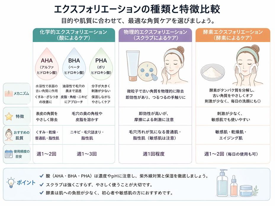化学的・物理的・酵素系エクスフォリエーションの比較図