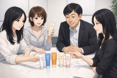 選定メンバーが日焼け止めを選ぶ様子