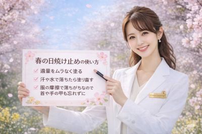 春の日焼け止めの使い方を説明するコスメコンシェルジュ