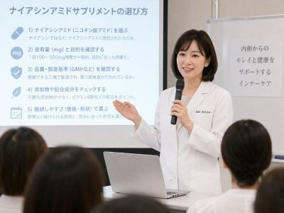 ナイアシンアミドサプリメントの選び方を説明する美容皮膚科の女医