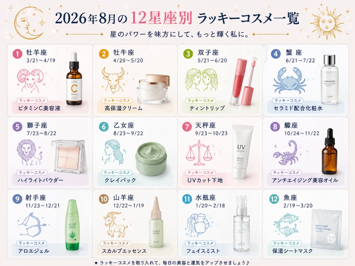 2026年8月の12星座別ラッキーコスメ一覧
