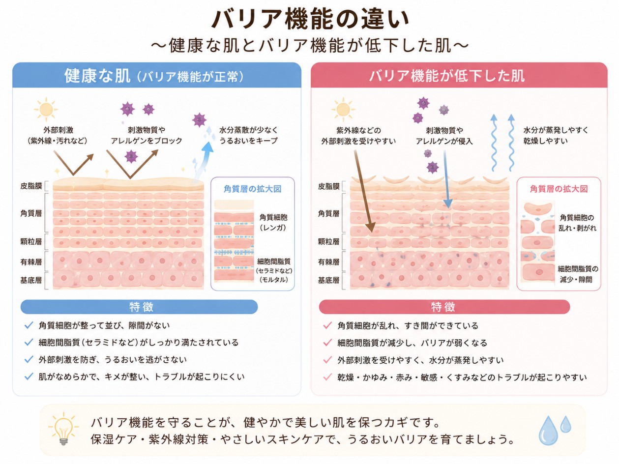 健康な肌とバリア機能が低下した肌のイラスト