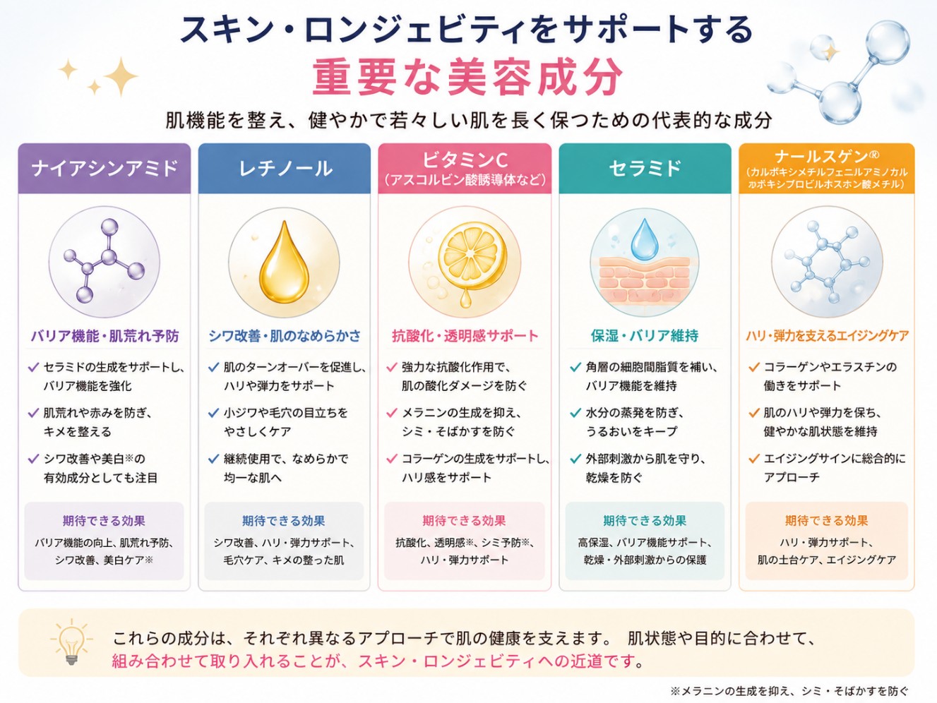 スキン・ロンジェビティをサポートする重要な成分