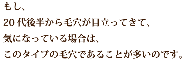 もし、20代後半から毛穴が目立ってきて、気になっている場合は、このタイプの毛穴であることが多いのです。