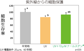 ナールスゲン®は紫外線を当てても細胞の生存率が高く光老化を軽減します。